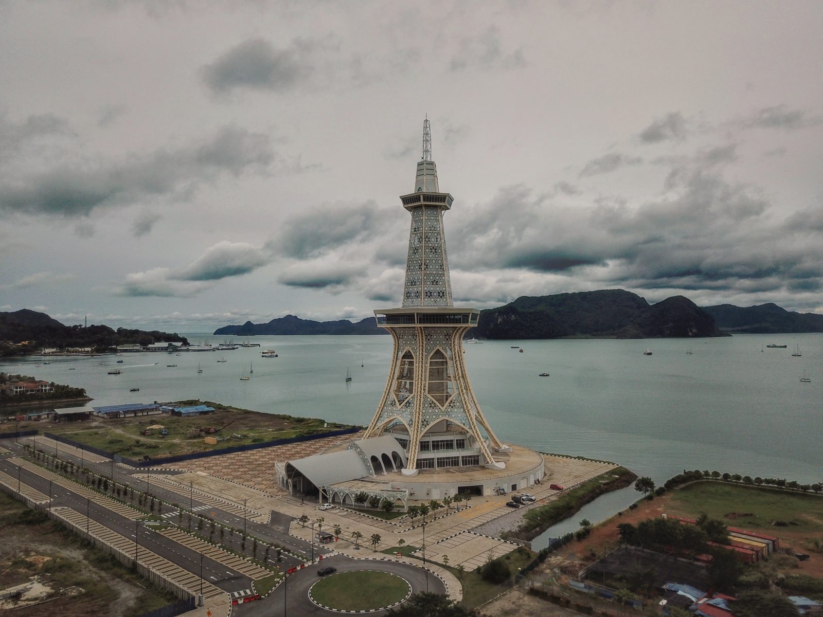 Aerial view of Mahatower on the Kuah waterfront